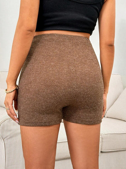 Maternity Brown Ribbed Shorts - Adjustable Waist Casual Knit Mid-Thigh Fit