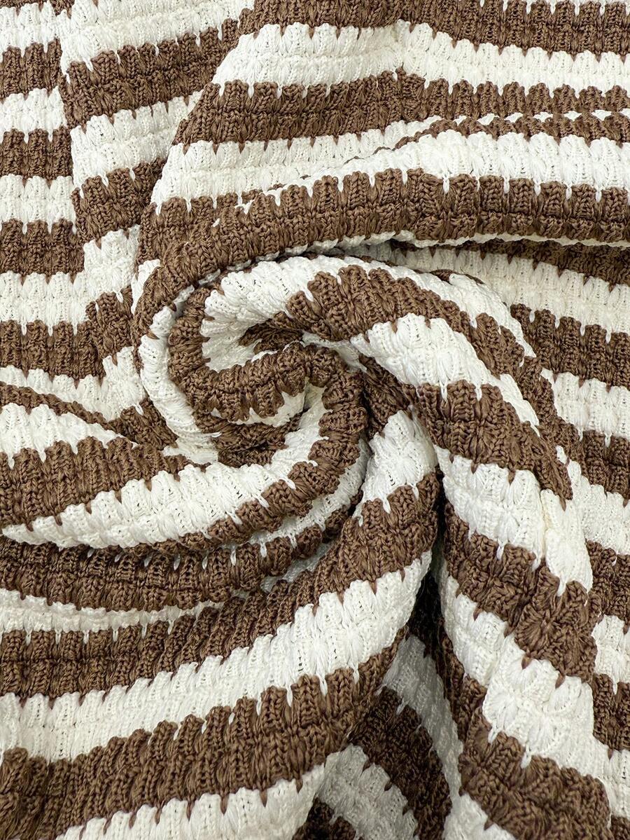 Mocha Brown Striped Bandeau and Mini Shorts Two Piece Set Sexy Strapless Slim Fit High Stretch Knitted Summer Holiday Outfit
