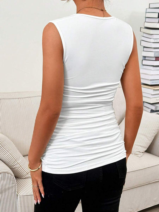 White Ruched Maternity Cami Top - Sleeveless Slim Fit Summer Tank with Side Ruching and Adjustable Spaghetti Straps
