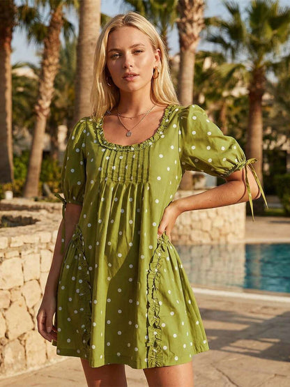 Yellow Polka Dot Maternity Smock Dress with Puff Sleeves and Ruffle Trim - Loose High Waist Summer Beach Mini Dress