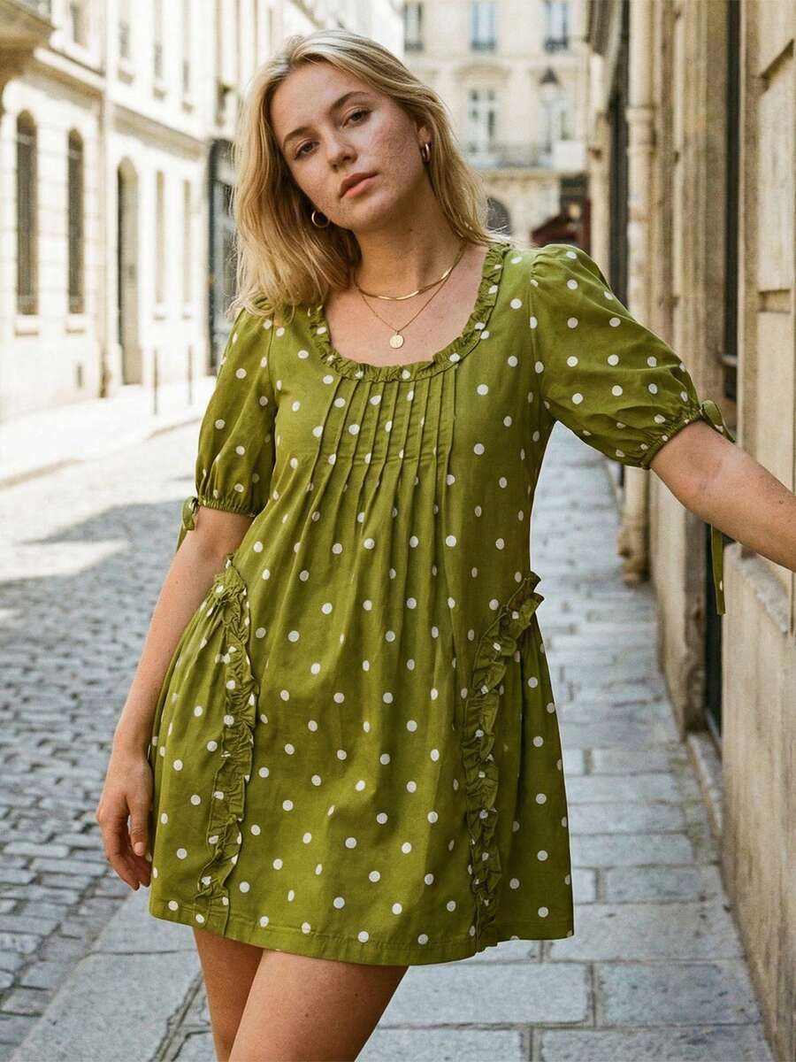 Yellow Polka Dot Maternity Smock Dress with Puff Sleeves and Ruffle Trim - Loose High Waist Summer Beach Mini Dress
