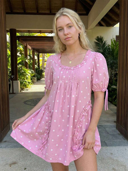 Yellow Polka Dot Maternity Smock Dress with Puff Sleeves and Ruffle Trim - Loose High Waist Summer Beach Mini Dress