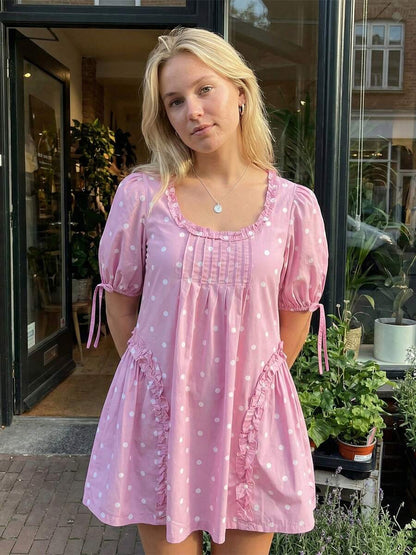 Yellow Polka Dot Maternity Smock Dress with Puff Sleeves and Ruffle Trim - Loose High Waist Summer Beach Mini Dress
