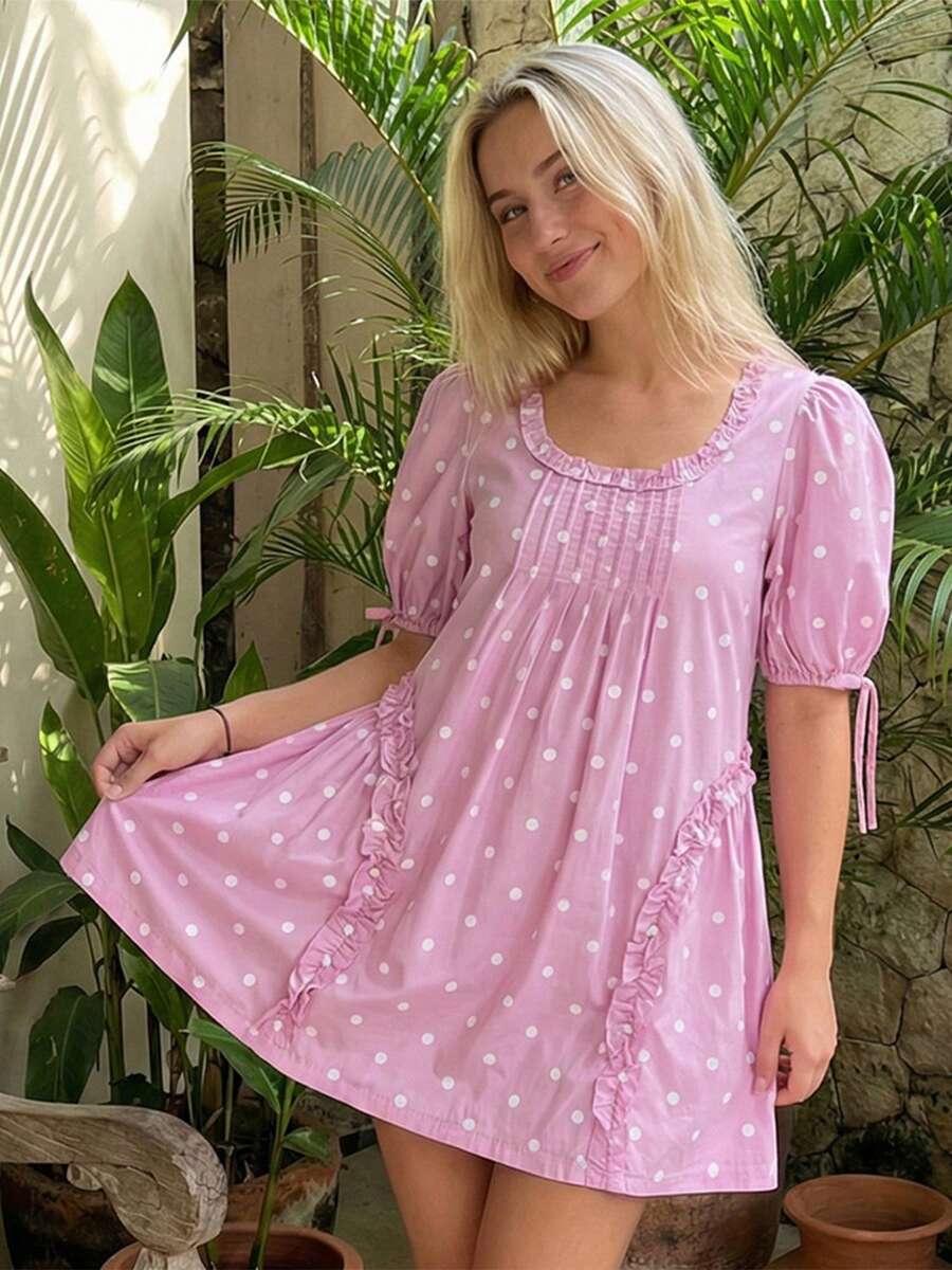 Yellow Polka Dot Maternity Smock Dress with Puff Sleeves and Ruffle Trim - Loose High Waist Summer Beach Mini Dress