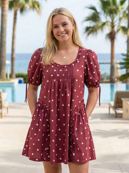 Yellow Polka Dot Maternity Smock Dress with Puff Sleeves and Ruffle Trim - Loose High Waist Summer Beach Mini Dress