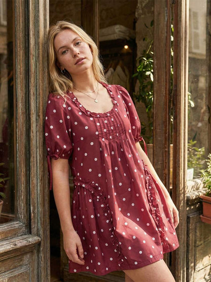 Yellow Polka Dot Maternity Smock Dress with Puff Sleeves and Ruffle Trim - Loose High Waist Summer Beach Mini Dress