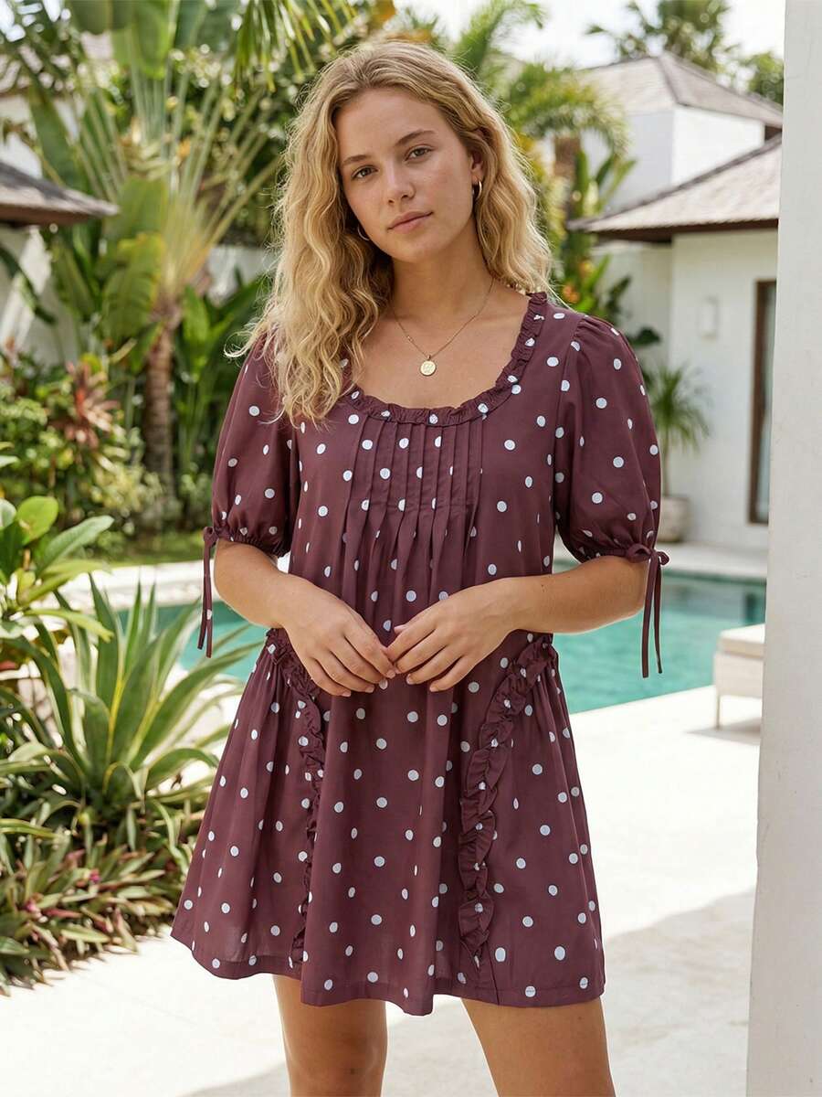 Yellow Polka Dot Maternity Smock Dress with Puff Sleeves and Ruffle Trim - Loose High Waist Summer Beach Mini Dress