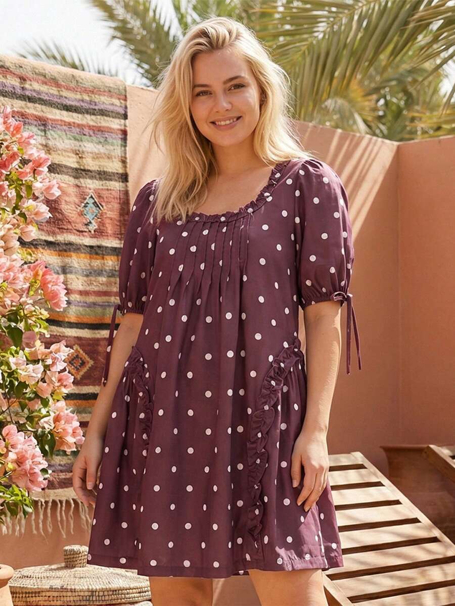 Yellow Polka Dot Maternity Smock Dress with Puff Sleeves and Ruffle Trim - Loose High Waist Summer Beach Mini Dress