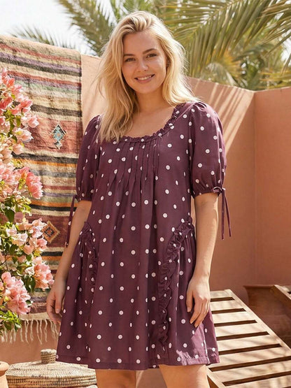 Yellow Polka Dot Maternity Smock Dress with Puff Sleeves and Ruffle Trim - Loose High Waist Summer Beach Mini Dress