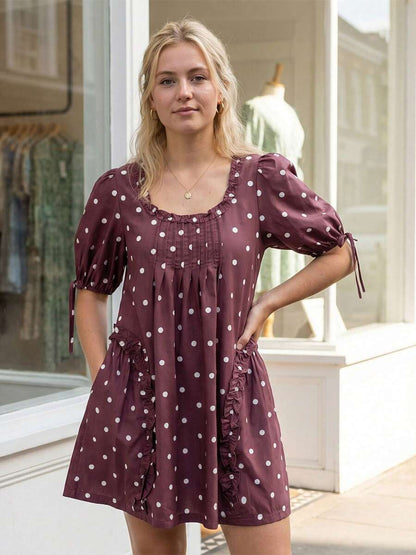 Yellow Polka Dot Maternity Smock Dress with Puff Sleeves and Ruffle Trim - Loose High Waist Summer Beach Mini Dress