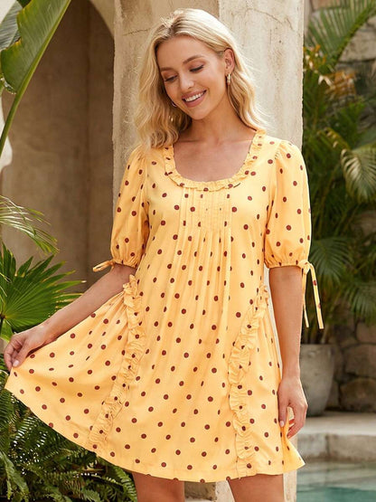 Yellow Polka Dot Maternity Smock Dress with Puff Sleeves and Ruffle Trim - Loose High Waist Summer Beach Mini Dress