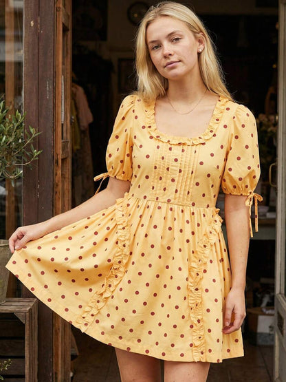 Yellow Polka Dot Maternity Smock Dress with Puff Sleeves and Ruffle Trim - Loose High Waist Summer Beach Mini Dress