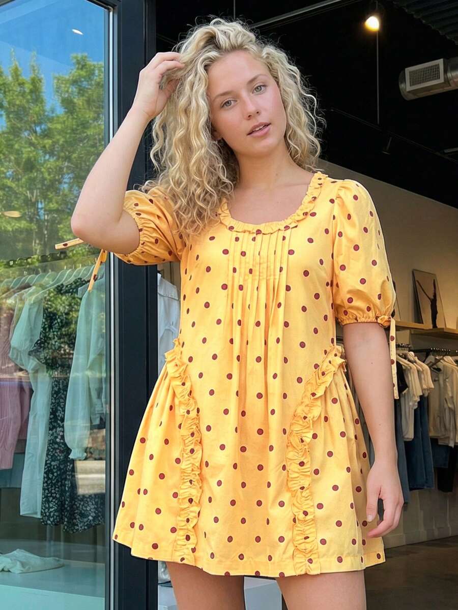 Yellow Polka Dot Maternity Smock Dress with Puff Sleeves and Ruffle Trim - Loose High Waist Summer Beach Mini Dress