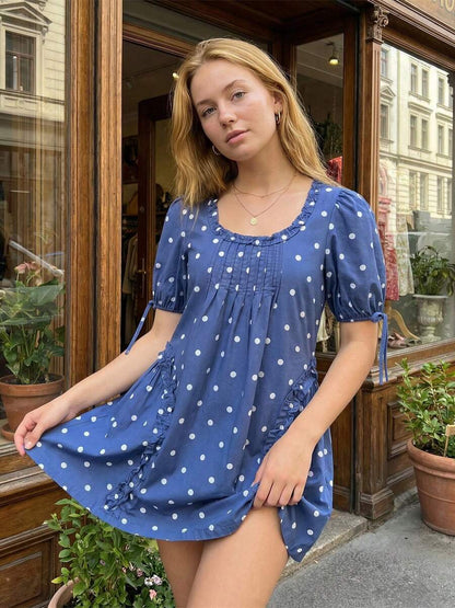 Yellow Polka Dot Maternity Smock Dress with Puff Sleeves and Ruffle Trim - Loose High Waist Summer Beach Mini Dress