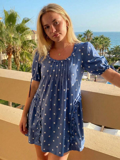 Yellow Polka Dot Maternity Smock Dress with Puff Sleeves and Ruffle Trim - Loose High Waist Summer Beach Mini Dress