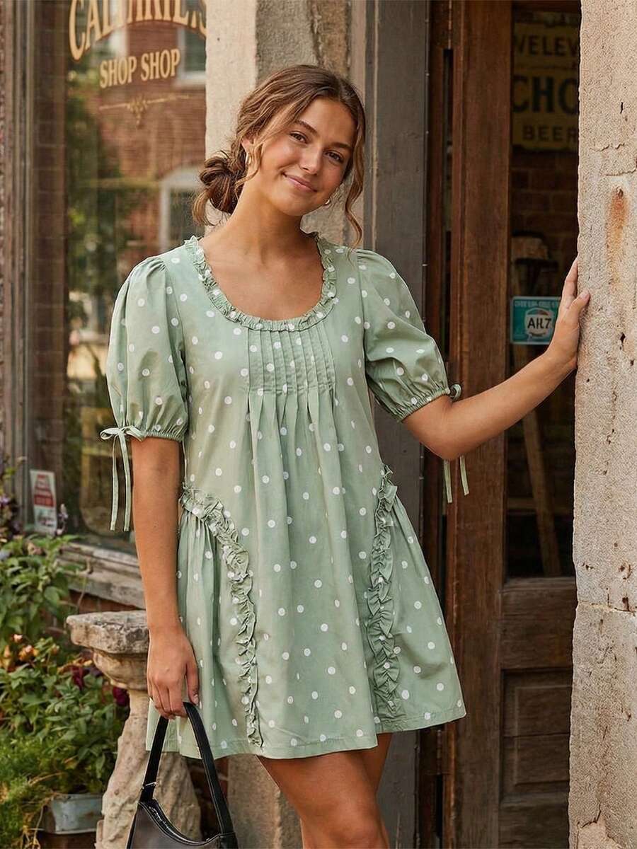Yellow Polka Dot Maternity Smock Dress with Puff Sleeves and Ruffle Trim - Loose High Waist Summer Beach Mini Dress
