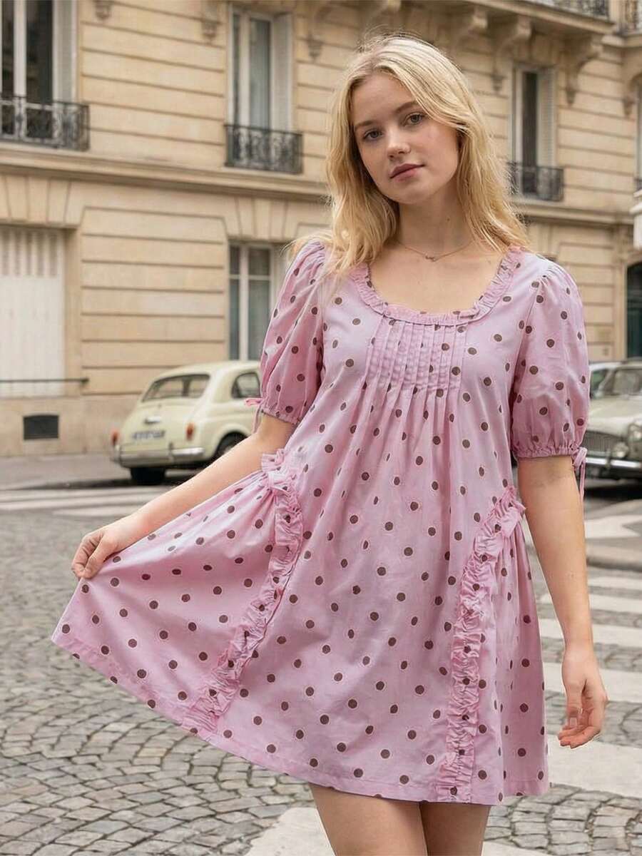 Yellow Polka Dot Maternity Smock Dress with Puff Sleeves and Ruffle Trim - Loose High Waist Summer Beach Mini Dress