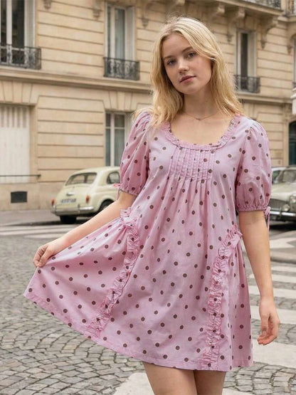 Yellow Polka Dot Maternity Smock Dress with Puff Sleeves and Ruffle Trim - Loose High Waist Summer Beach Mini Dress