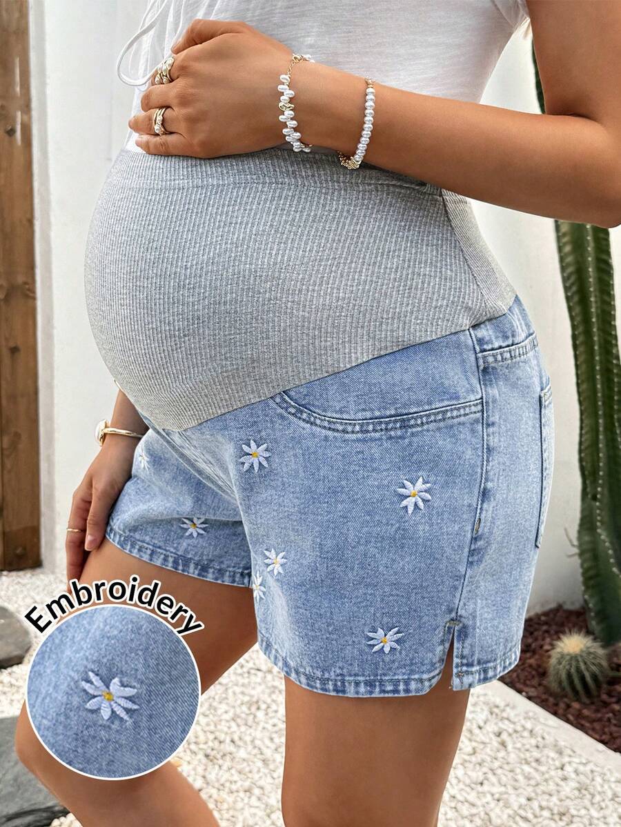 Maternity Denim Shorts - High Waist, Ribbed Patchwork, Pockets, Loose, Light Wash Blue