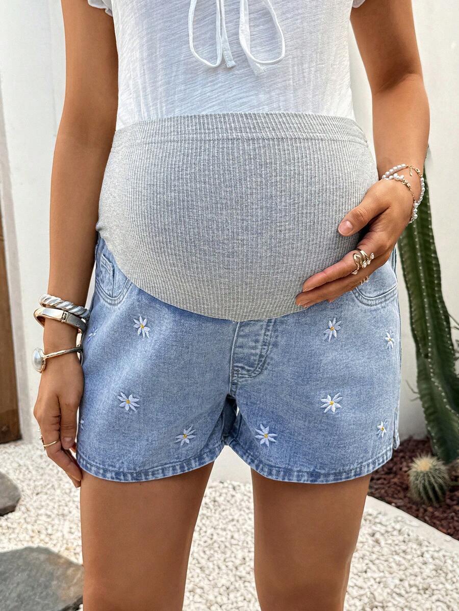 Maternity Denim Shorts - High Waist, Ribbed Patchwork, Pockets, Loose, Light Wash Blue