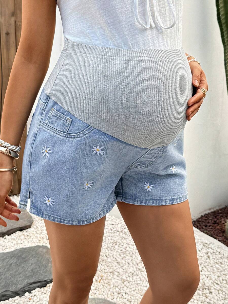 Maternity Denim Shorts - High Waist, Ribbed Patchwork, Pockets, Loose, Light Wash Blue