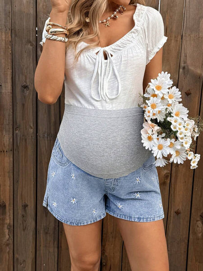 Maternity Denim Shorts - High Waist, Ribbed Patchwork, Pockets, Loose, Light Wash Blue