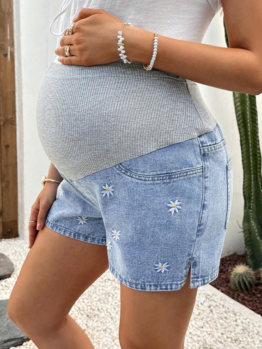 Maternity Denim Shorts - High Waist, Ribbed Patchwork, Pockets, Loose, Light Wash Blue