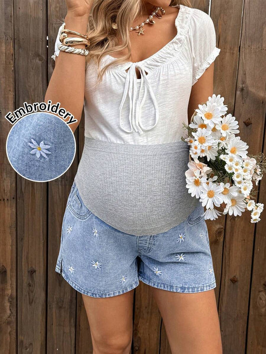 Maternity Denim Shorts - High Waist, Ribbed Patchwork, Pockets, Loose, Light Wash Blue