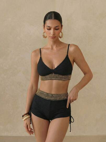 Swim Vcay Summer Beach Women Vacation Splice Woven Strap Simple And Fashionable Bikini Set With Separable Bikini Set