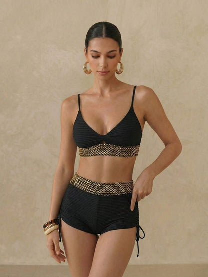 Swim Vcay Summer Beach Women Vacation Splice Woven Strap Simple And Fashionable Bikini Set With Separable Bikini Set