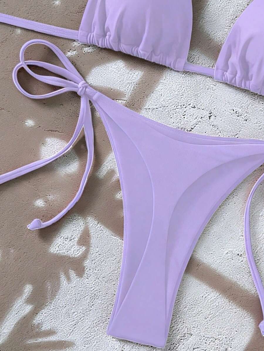Swim Vcay Women's Solid Color Halter Tie Backless Sexy Thong Bikini Set Bikini Triangle Lemon Bikini Yellow Bathing Suits Light Yellow Bikini String Bikini Set