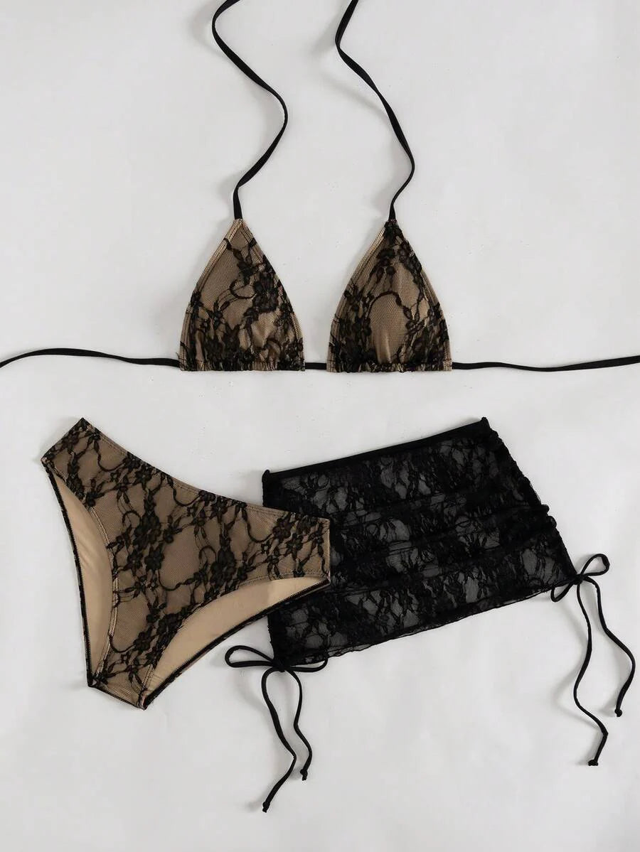 Women's 3-Piece Leopard Print Bikini Set - Halter Triangle Cup, Mesh Skirt, Tie Side, Multicolor