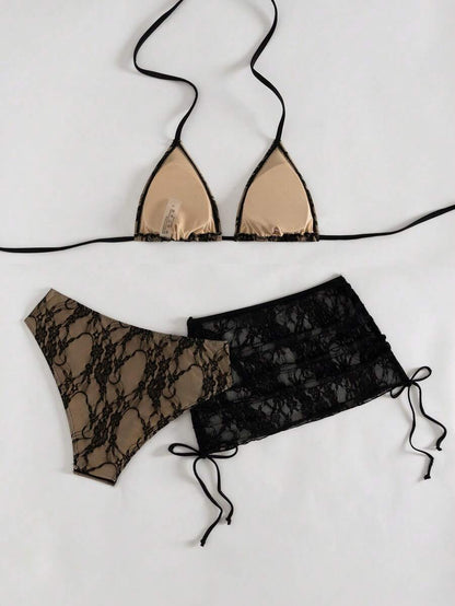 Women's 3-Piece Leopard Print Bikini Set - Halter Triangle Cup, Mesh Skirt, Tie Side, Multicolor