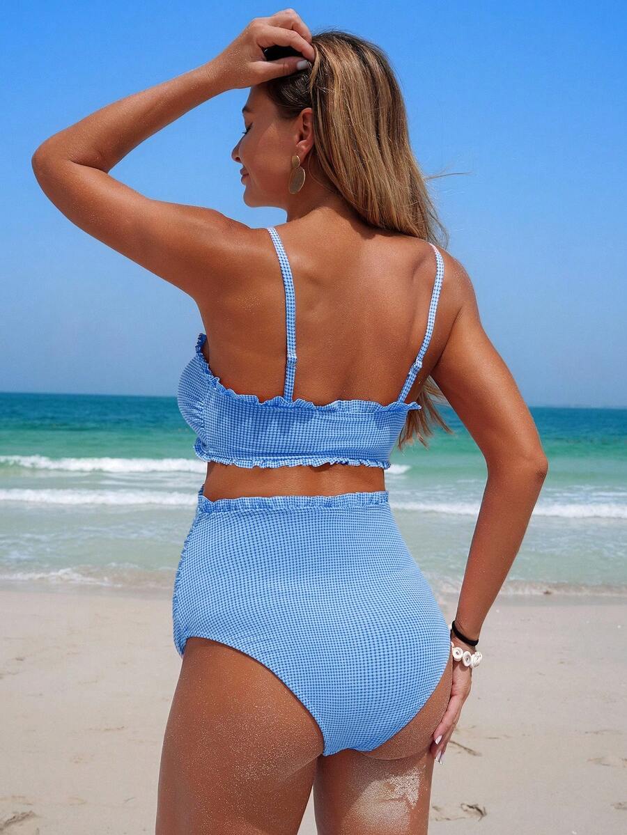 Maternity Bikini 2 Piece Set - Plaid Bandeau Stretchy Summer Beach Pool, Mom To Be