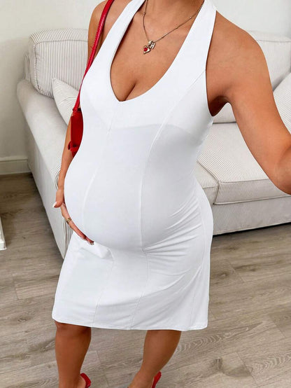 Maternity Solid White Pleated Halter Tie Dress V Neck Sleeveless Slim Fit Short Pencil Dress for Summer Night Out