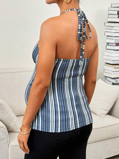 Dusty Blue Striped Maternity Halter Neck Camisole - Slim Fit Cold Shoulder Summer Tank Top - Chic Casual Sleeveless Pregnancy Top