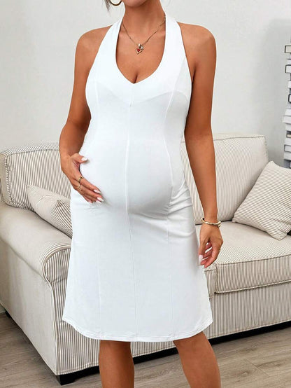 Maternity Solid White Pleated Halter Tie Dress V Neck Sleeveless Slim Fit Short Pencil Dress for Summer Night Out