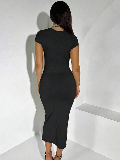 Maternity Elegant Slimming Fitted Long Bodycon Dress High Stretch Round Neck Short Sleeve Dress for Summer Outdoor Wear