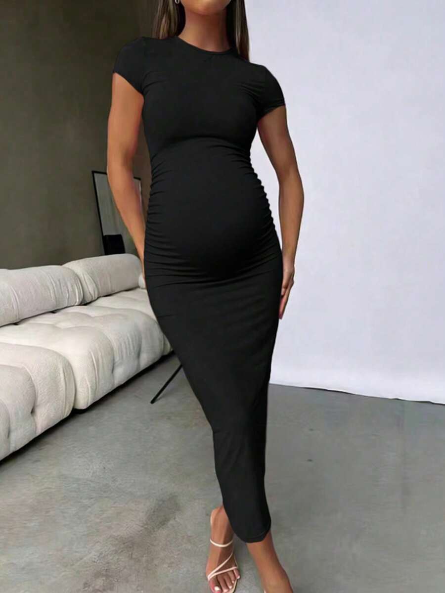 Maternity Elegant Slimming Fitted Long Bodycon Dress High Stretch Round Neck Short Sleeve Dress for Summer Outdoor Wear