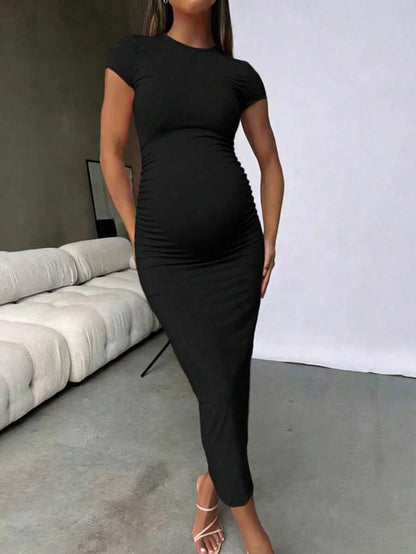 Maternity Elegant Slimming Fitted Long Bodycon Dress High Stretch Round Neck Short Sleeve Dress for Summer Outdoor Wear