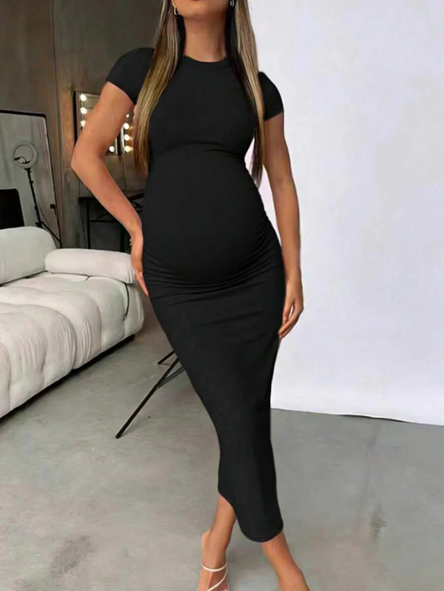 Maternity Elegant Slimming Fitted Long Bodycon Dress High Stretch Round Neck Short Sleeve Dress for Summer Outdoor Wear