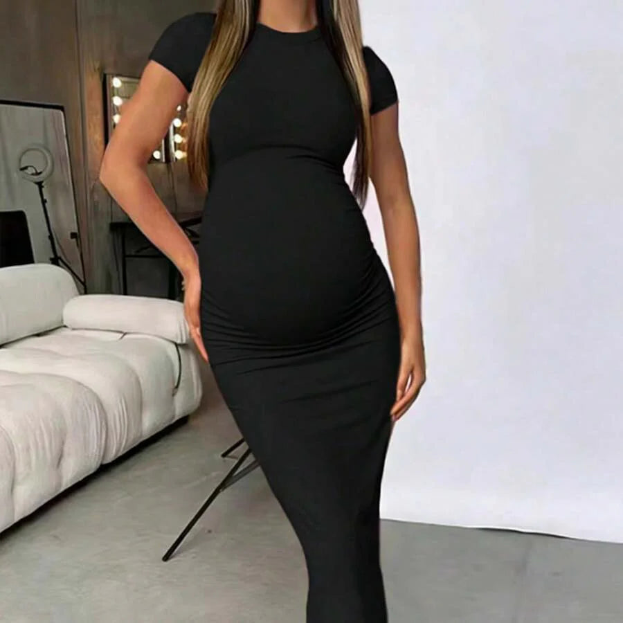 Maternity Elegant Slimming Fitted Long Bodycon Dress High Stretch Round Neck Short Sleeve Dress for Summer Outdoor Wear