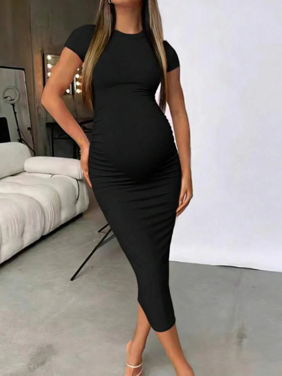 Maternity Elegant Slimming Fitted Long Bodycon Dress High Stretch Round Neck Short Sleeve Dress for Summer Outdoor Wear