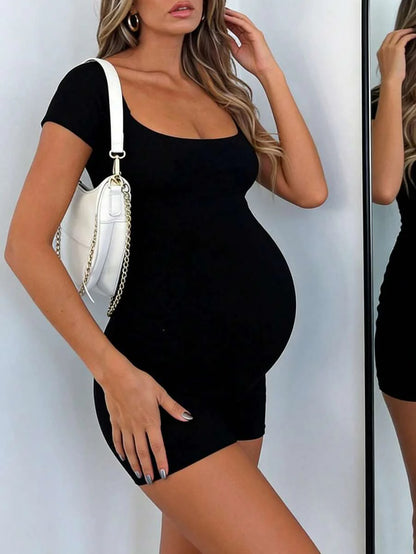 Maternity Short Sleeve Square Neck Skinny Jumpsuit High Stretch Casual Athletic Romper for Sports Daily Wear and Halloween