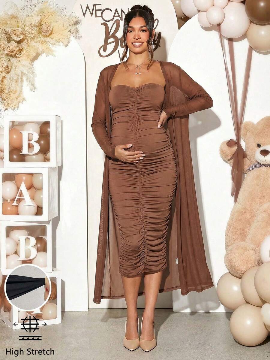 Maternity 2 Piece Set Solid Brown Long Sleeve Long Cardigan and Ruched Camisole Midi Bodycon Dress for Thanksgiving
