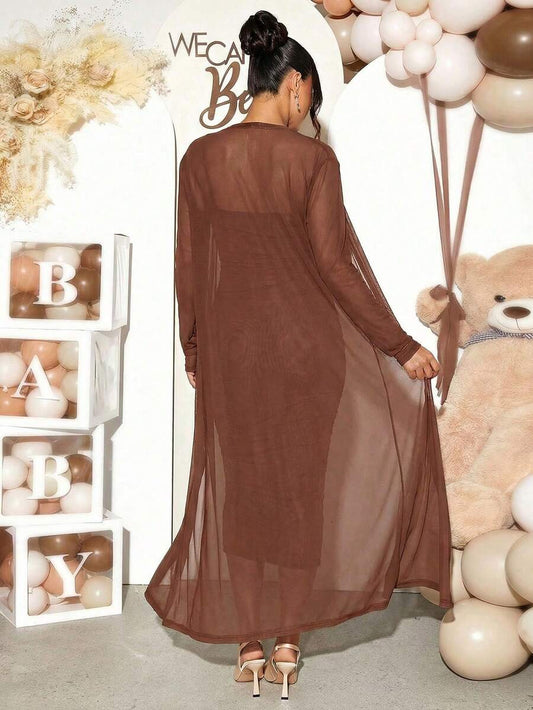 Maternity 2 Piece Set Solid Brown Long Sleeve Long Cardigan and Ruched Camisole Midi Bodycon Dress for Thanksgiving