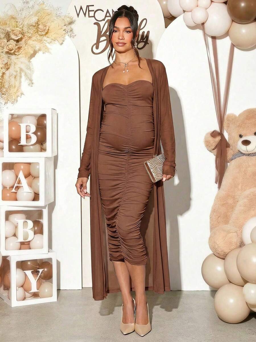 Maternity 2 Piece Set Solid Brown Long Sleeve Long Cardigan and Ruched Camisole Midi Bodycon Dress for Thanksgiving