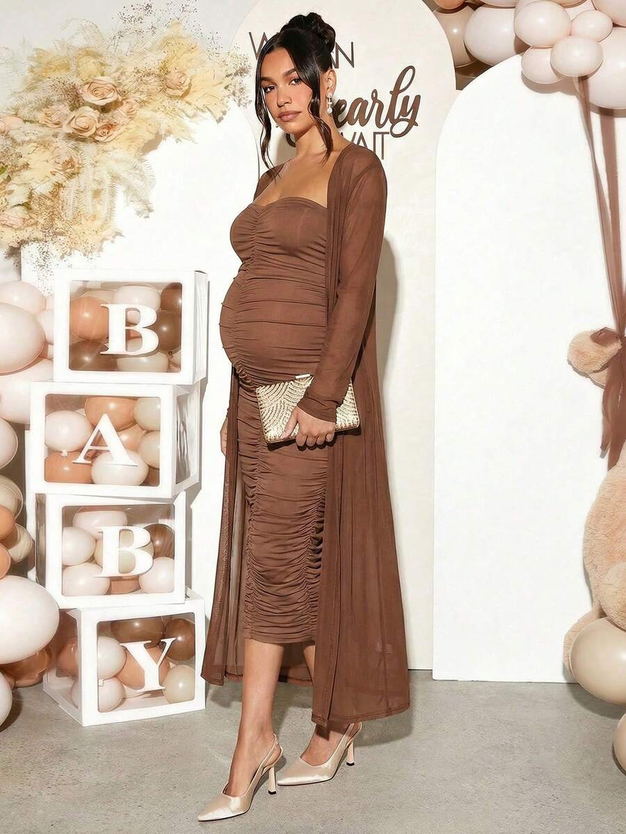 Maternity 2 Piece Set Solid Brown Long Sleeve Long Cardigan and Ruched Camisole Midi Bodycon Dress for Thanksgiving