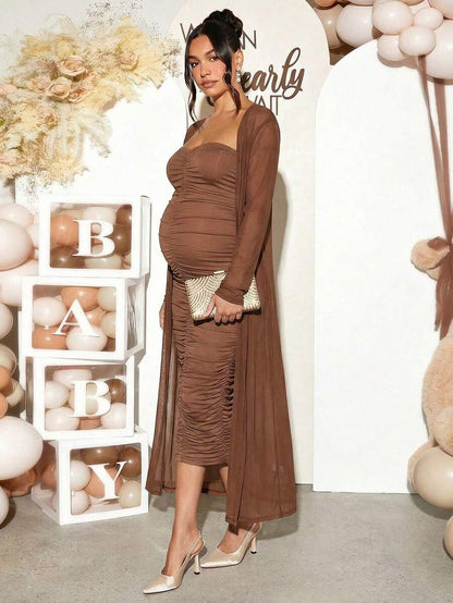 Maternity 2 Piece Set Solid Brown Long Sleeve Long Cardigan and Ruched Camisole Midi Bodycon Dress for Thanksgiving