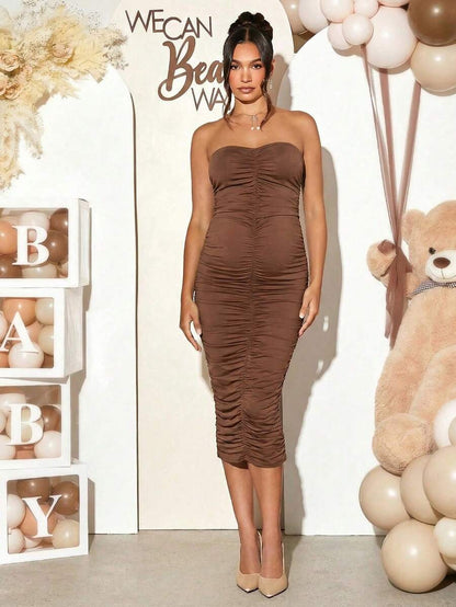 Maternity 2 Piece Set Solid Brown Long Sleeve Long Cardigan and Ruched Camisole Midi Bodycon Dress for Thanksgiving